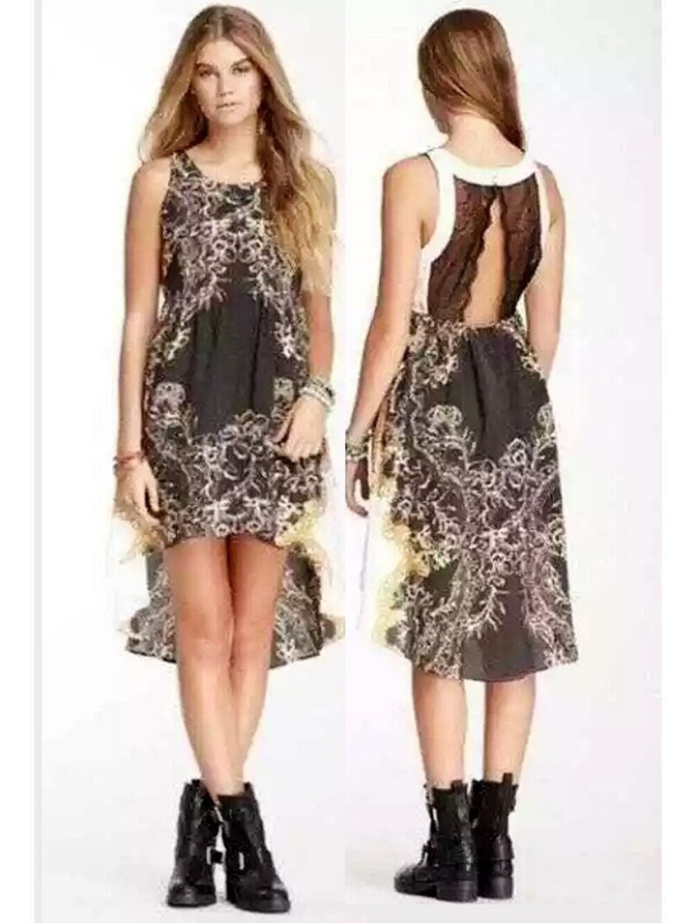 Free People Russian Place Open Back Dress Medium High Low Hemline Black/Ivory